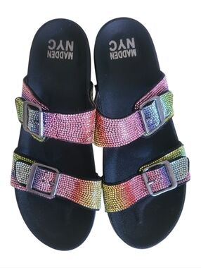 madden NYC brand women's rhinestone double-strap buckle slide sandals size 8 